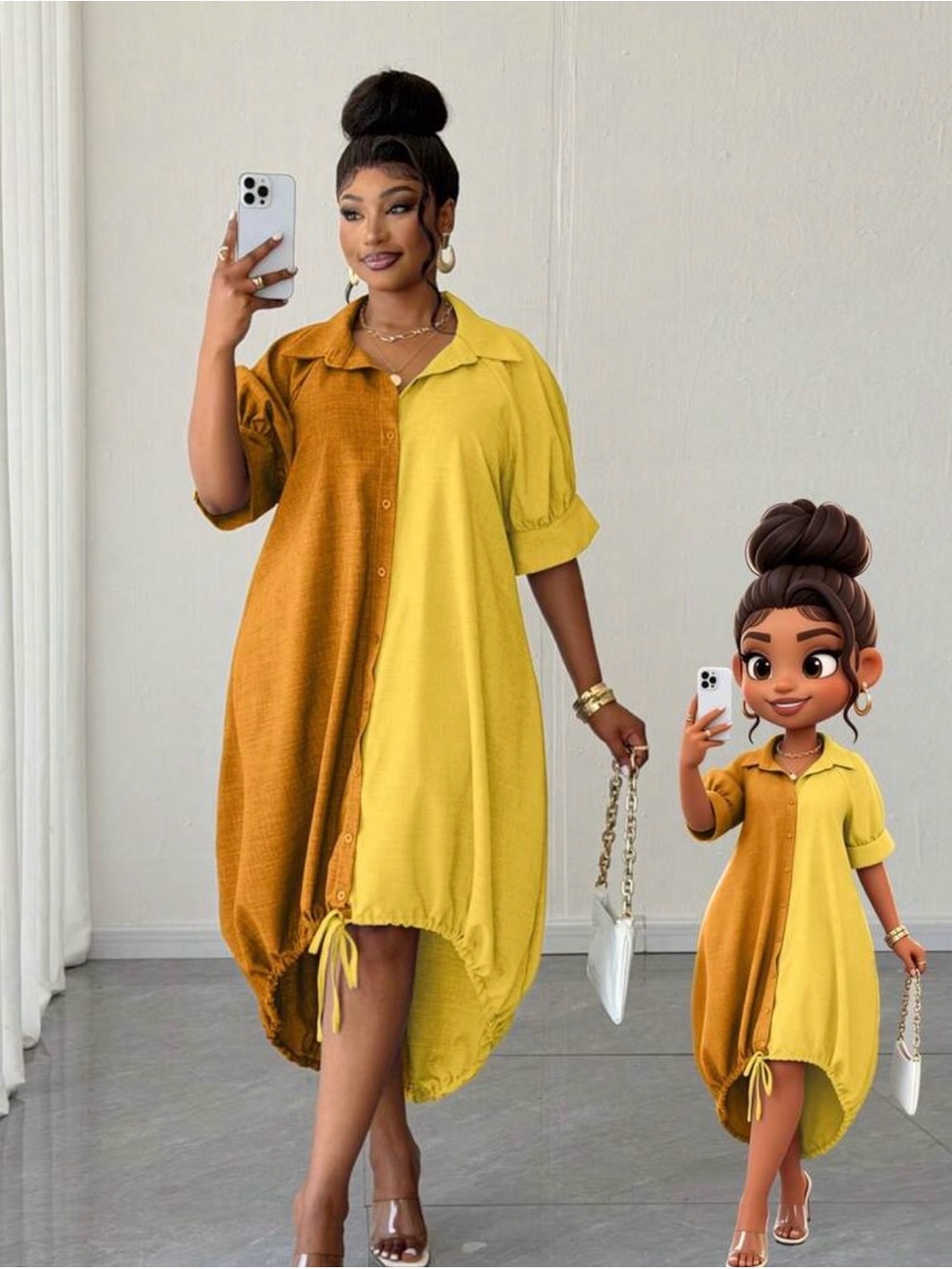 SHEIN Two-Tone Mustard and Honey Midi Shirt Dress